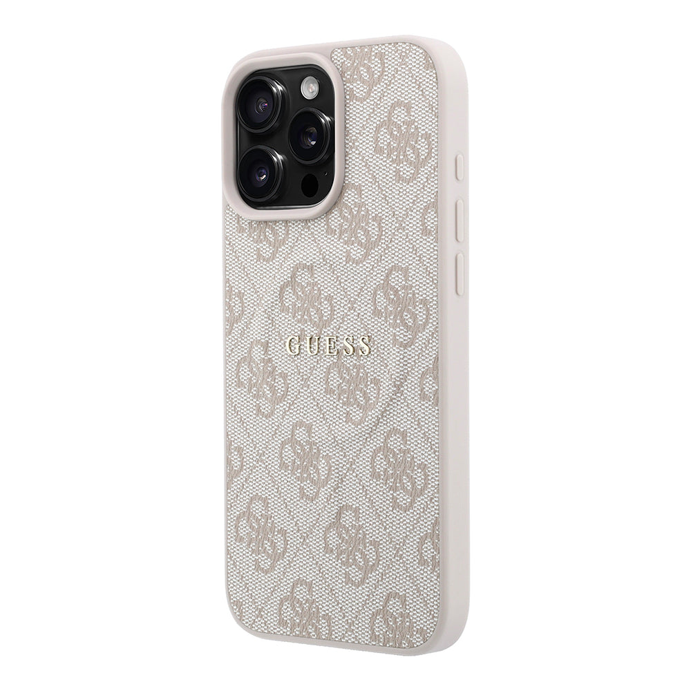 Apple iPhone 16 Pro Max Kılıf Guess M-safe Kabartmalı 4G Desenli Yazı Logolu Kapak Pembe