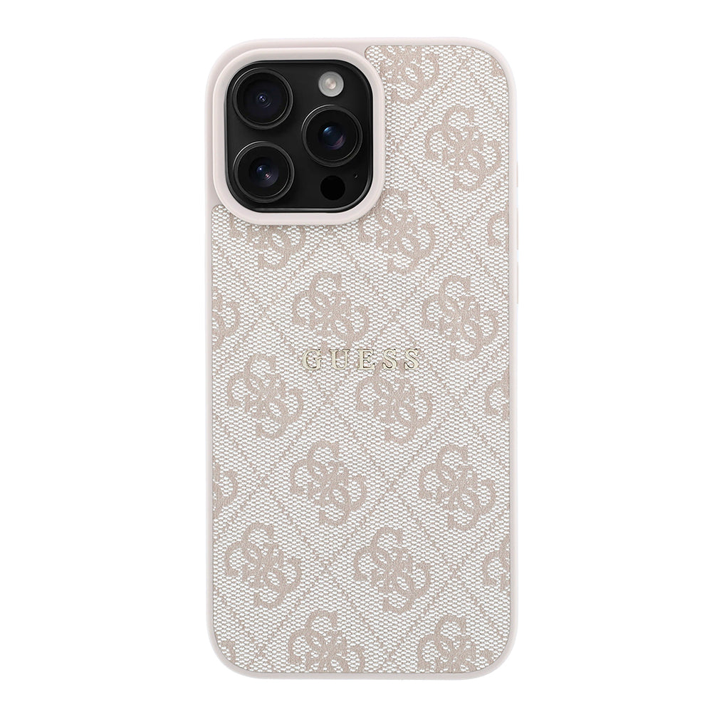 Apple iPhone 16 Pro Max Kılıf Guess M-safe Kabartmalı 4G Desenli Yazı Logolu Kapak Pembe