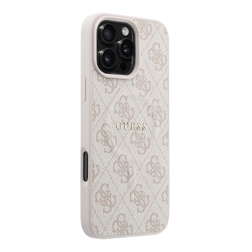 Apple iPhone 16 Pro Max Kılıf Guess M-safe Kabartmalı 4G Desenli Yazı Logolu Kapak Pembe