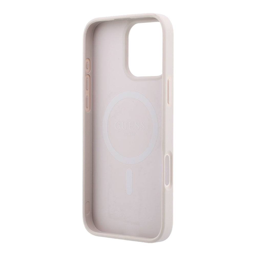 Apple iPhone 16 Pro Max Kılıf Guess M-safe Kabartmalı 4G Desenli Yazı Logolu Kapak Pembe
