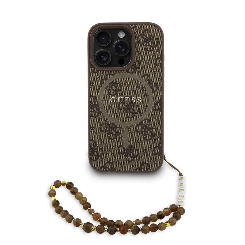 Apple iPhone 16 Pro Max Kılıf Guess M-safe Şarj Özellikli Bilek Askı İpli Yazı Logolu Kapak Kahverengi