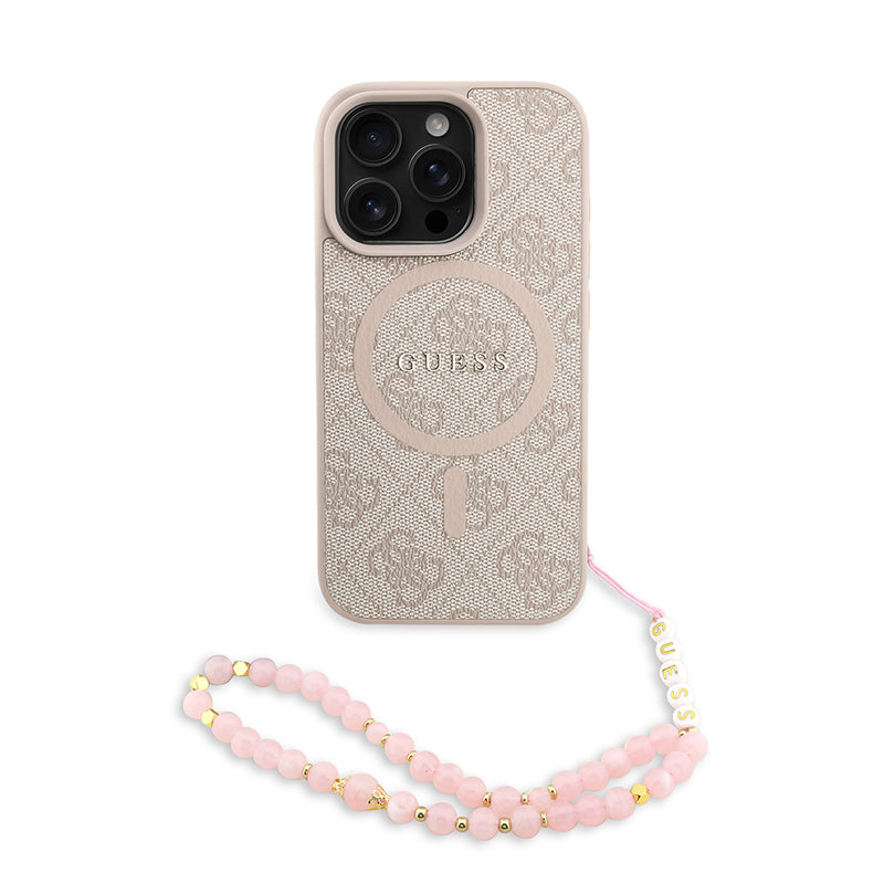 Apple iPhone 16 Pro Max Kılıf Guess M-safe Şarj Özellikli Bilek Askı İpli Yazı Logolu Kapak Pembe