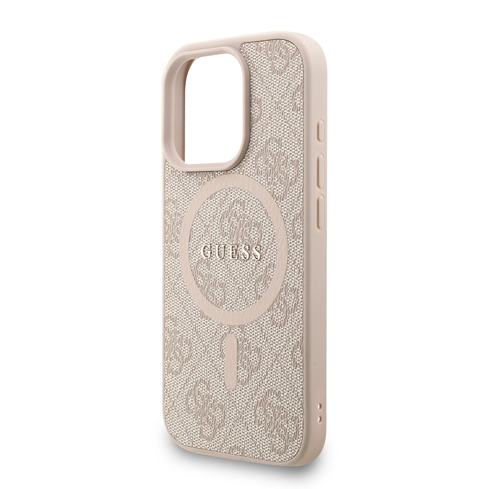 Apple iPhone 16 Pro Max Kılıf Guess M-safe Şarj Özellikli Bilek Askı İpli Yazı Logolu Kapak Pembe