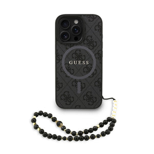 Apple iPhone 16 Pro Max Kılıf Guess M-safe Şarj Özellikli Bilek Askı İpli Yazı Logolu Kapak Siyah