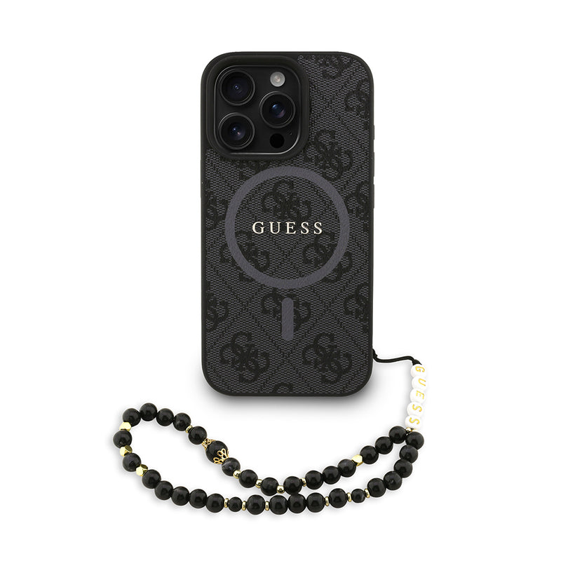 Apple iPhone 16 Pro Max Kılıf Guess M-safe Şarj Özellikli Bilek Askı İpli Yazı Logolu Kapak Siyah