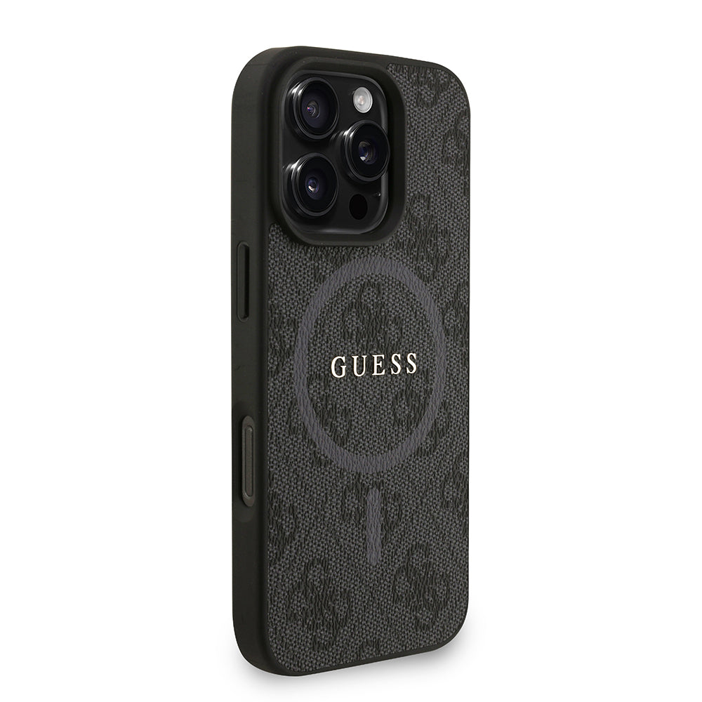 Apple iPhone 16 Pro Max Kılıf Guess M-safe Şarj Özellikli Bilek Askı İpli Yazı Logolu Kapak Siyah
