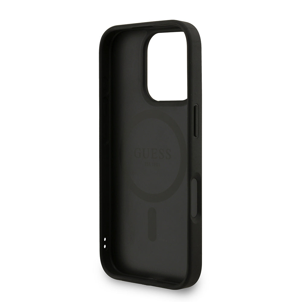 Apple iPhone 16 Pro Max Kılıf Guess M-safe Şarj Özellikli Bilek Askı İpli Yazı Logolu Kapak Siyah