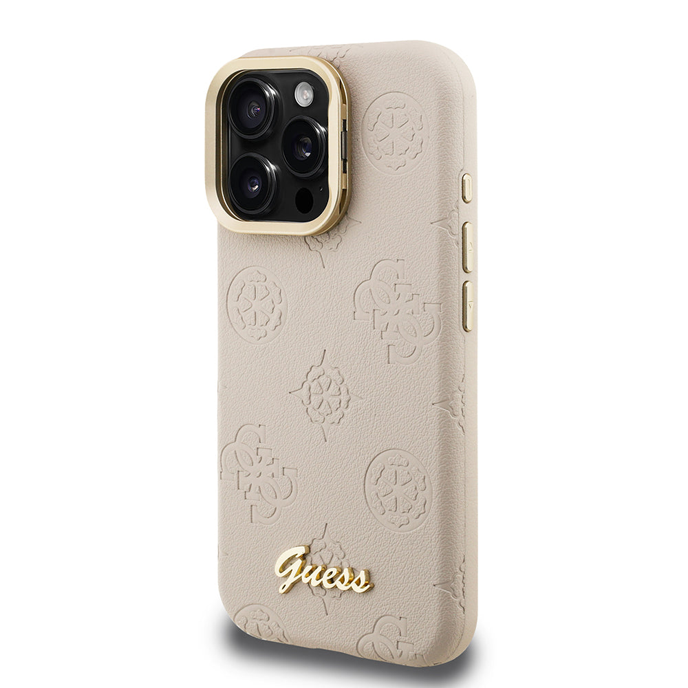 Apple iPhone 16 Pro Max Kılıf Guess M-safe Şarj Özellikli Kamera Standlı Peony Kapak PU Deri Bej