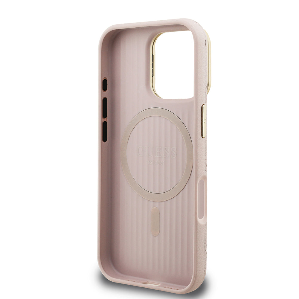 Apple iPhone 16 Pro Max Kılıf Guess M-safe Şarj Özellikli Kamera Standlı Peony Kapak PU Deri Pembe