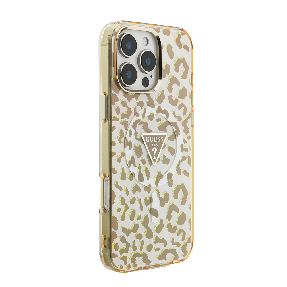 Apple iPhone 16 Pro Max Kılıf Guess M-safe Şarj Özellikli Üçgen Logolu Simli Leopar Desenli Kapak Kahverengi