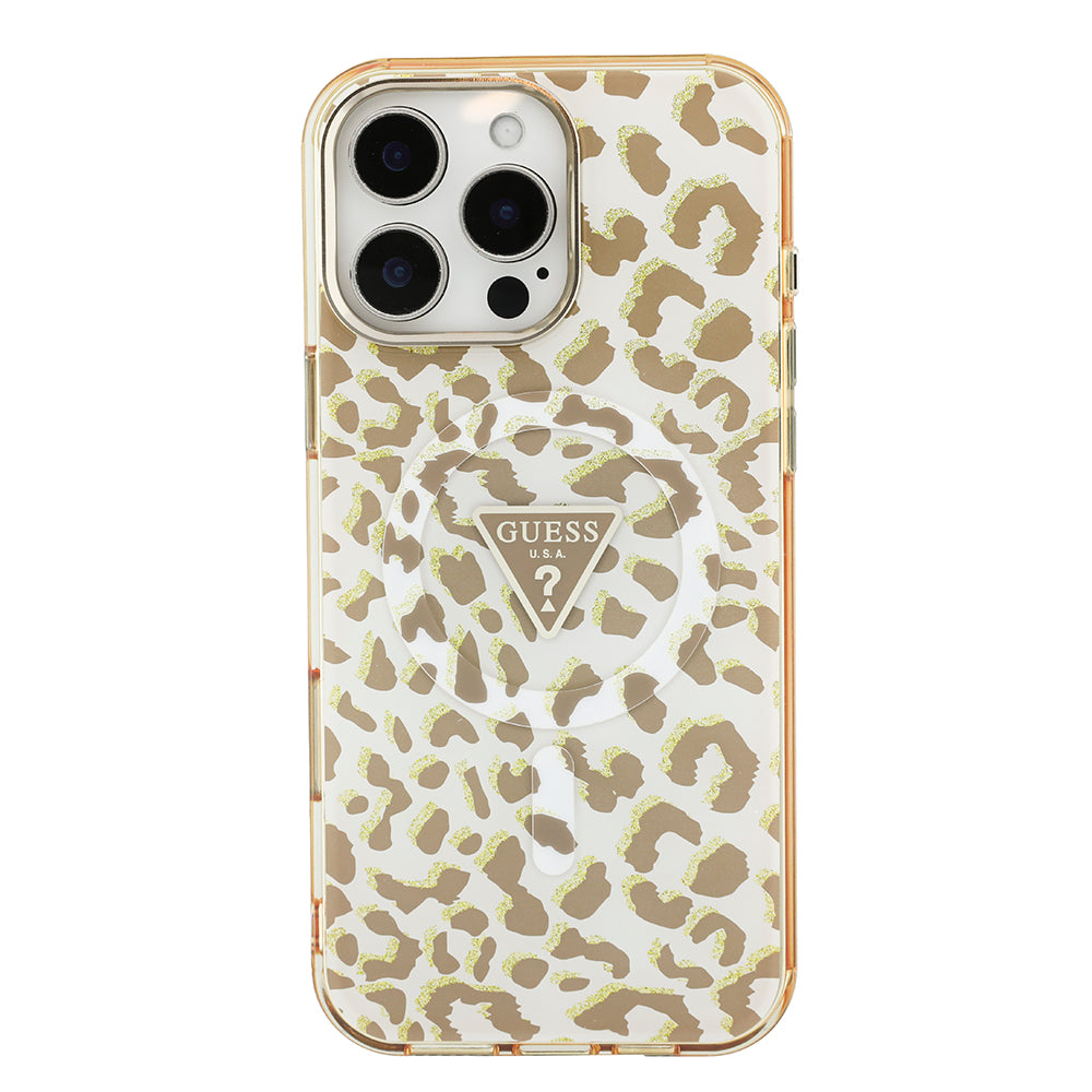 Apple iPhone 16 Pro Max Kılıf Guess M-safe Şarj Özellikli Üçgen Logolu Simli Leopar Desenli Kapak Kahverengi