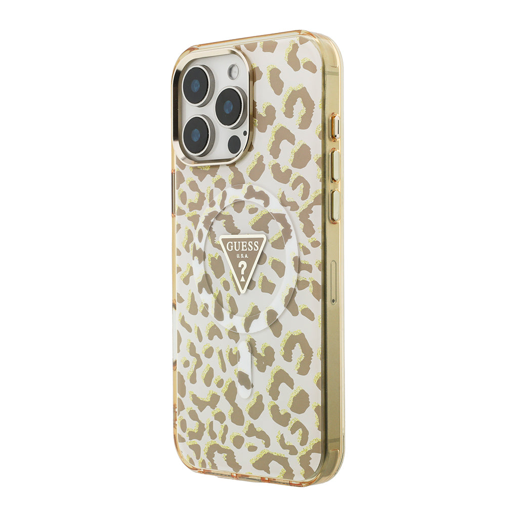 Apple iPhone 16 Pro Max Kılıf Guess M-safe Şarj Özellikli Üçgen Logolu Simli Leopar Desenli Kapak Kahverengi