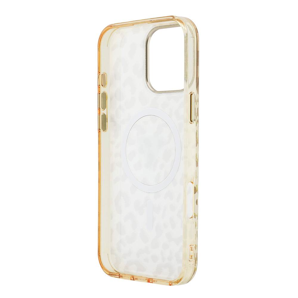 Apple iPhone 16 Pro Max Kılıf Guess M-safe Şarj Özellikli Üçgen Logolu Simli Leopar Desenli Kapak Kahverengi