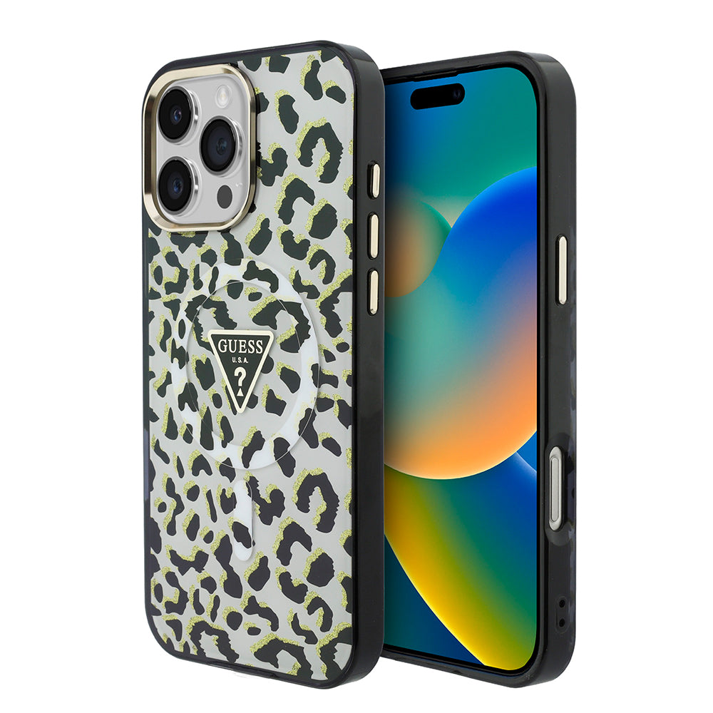 Apple iPhone 16 Pro Max Kılıf Guess M-safe Şarj Özellikli Üçgen Logolu Simli Leopar Desenli Kapak Siyah