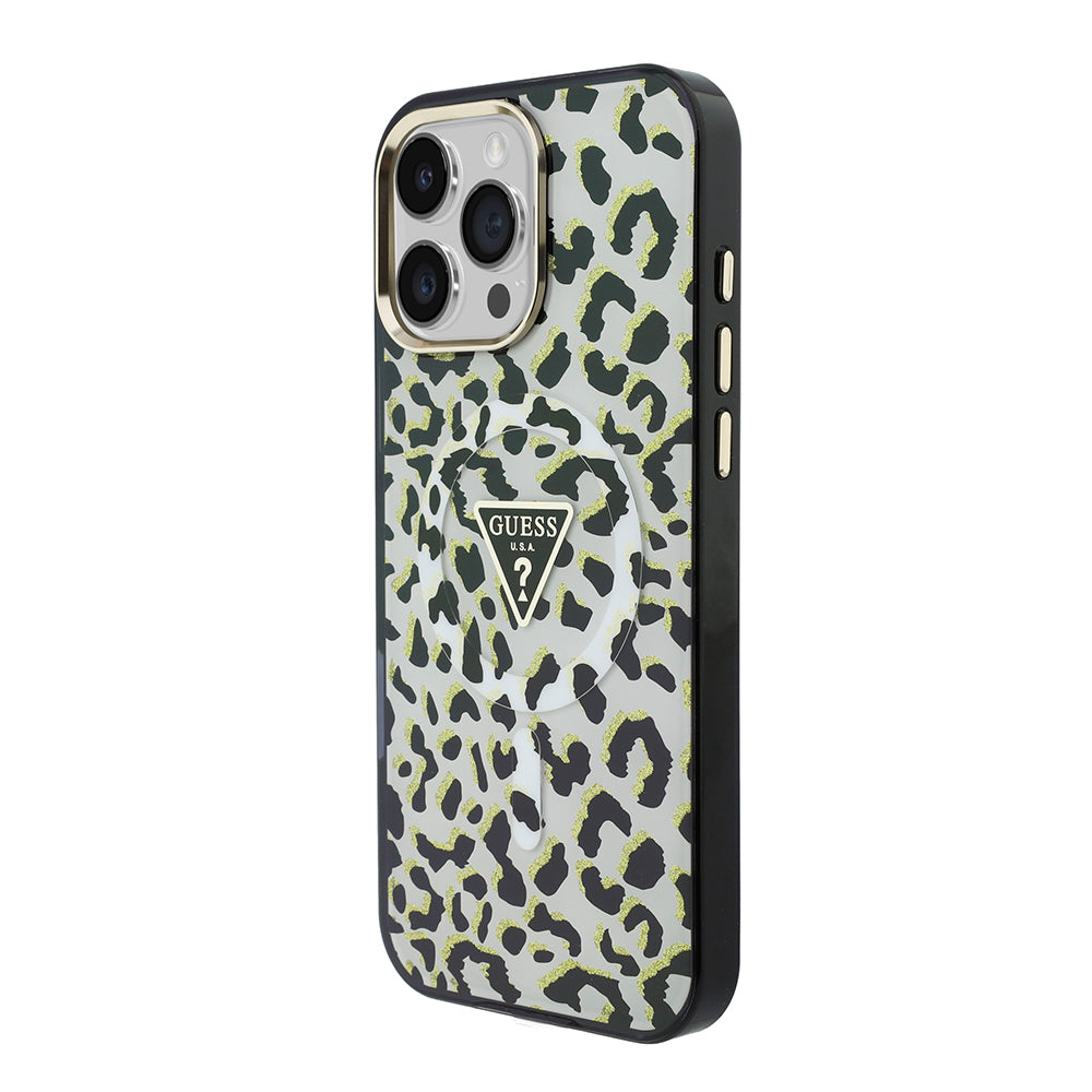 Apple iPhone 16 Pro Max Kılıf Guess M-safe Şarj Özellikli Üçgen Logolu Simli Leopar Desenli Kapak Siyah