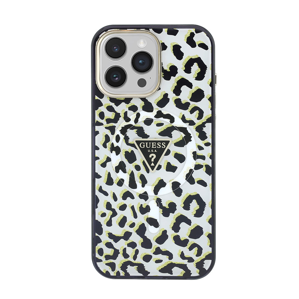 Apple iPhone 16 Pro Max Kılıf Guess M-safe Şarj Özellikli Üçgen Logolu Simli Leopar Desenli Kapak Siyah