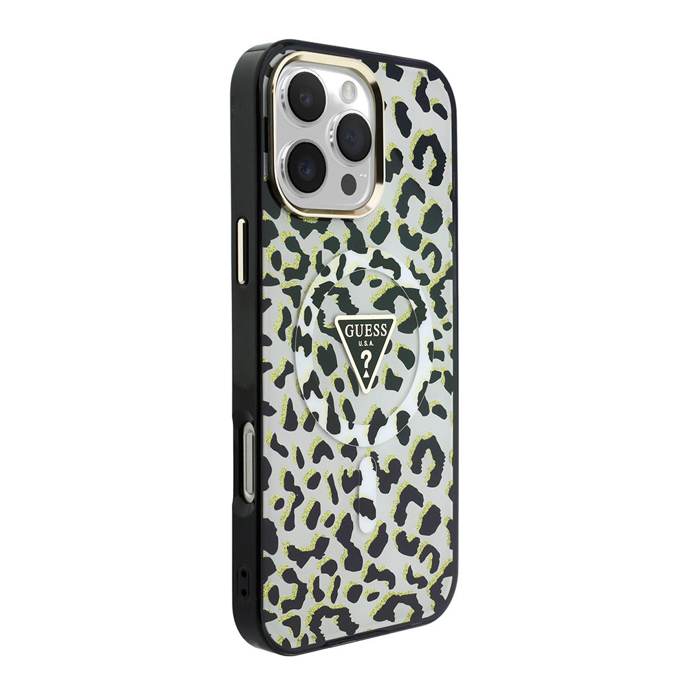 Apple iPhone 16 Pro Max Kılıf Guess M-safe Şarj Özellikli Üçgen Logolu Simli Leopar Desenli Kapak Siyah