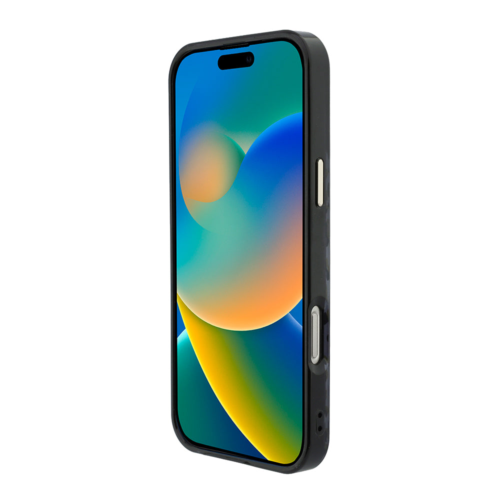 Apple iPhone 16 Pro Max Kılıf Guess M-safe Şarj Özellikli Üçgen Logolu Simli Leopar Desenli Kapak Siyah
