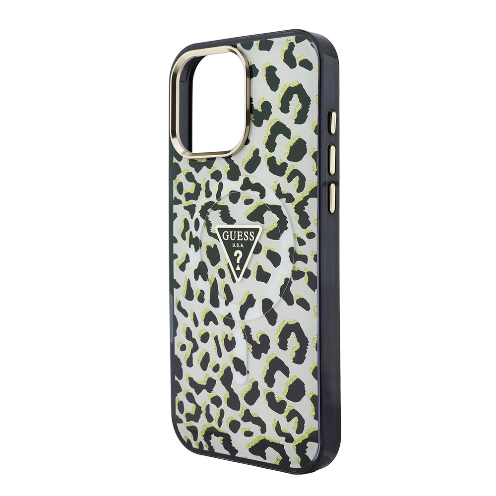 Apple iPhone 16 Pro Max Kılıf Guess M-safe Şarj Özellikli Üçgen Logolu Simli Leopar Desenli Kapak Siyah