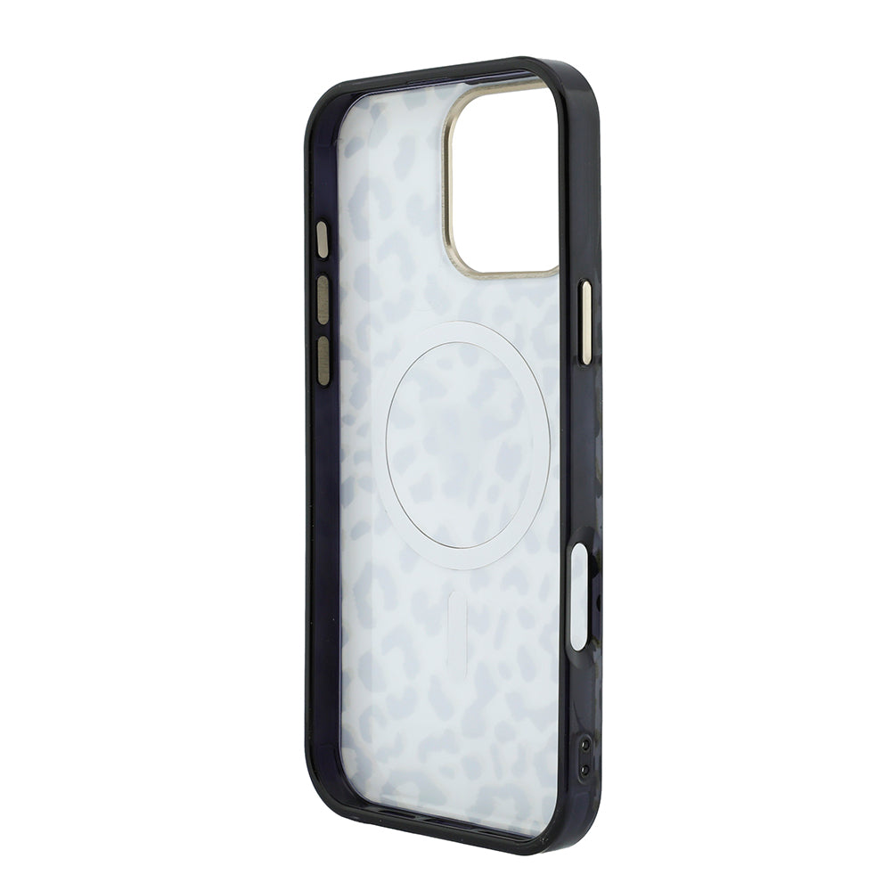 Apple iPhone 16 Pro Max Kılıf Guess M-safe Şarj Özellikli Üçgen Logolu Simli Leopar Desenli Kapak Siyah