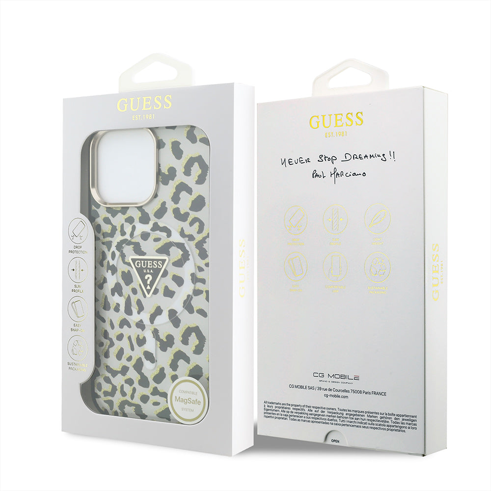 Apple iPhone 16 Pro Max Kılıf Guess M-safe Şarj Özellikli Üçgen Logolu Simli Leopar Desenli Kapak Siyah