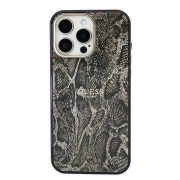 Apple iPhone 16 Pro Max Kılıf Guess M-safe Şarj Özellikli Yazı Logolu Python Yılan Desenli Kapak Kahverengi