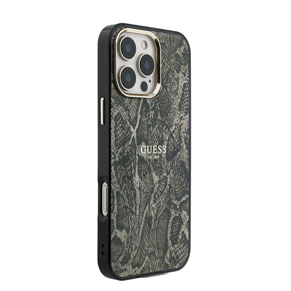 Apple iPhone 16 Pro Max Kılıf Guess M-safe Şarj Özellikli Yazı Logolu Python Yılan Desenli Kapak Kahverengi