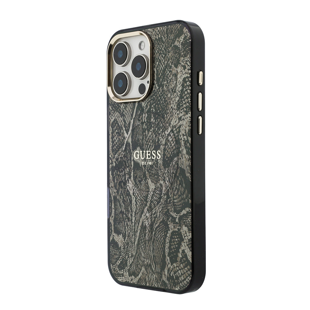 Apple iPhone 16 Pro Max Kılıf Guess M-safe Şarj Özellikli Yazı Logolu Python Yılan Desenli Kapak Kahverengi