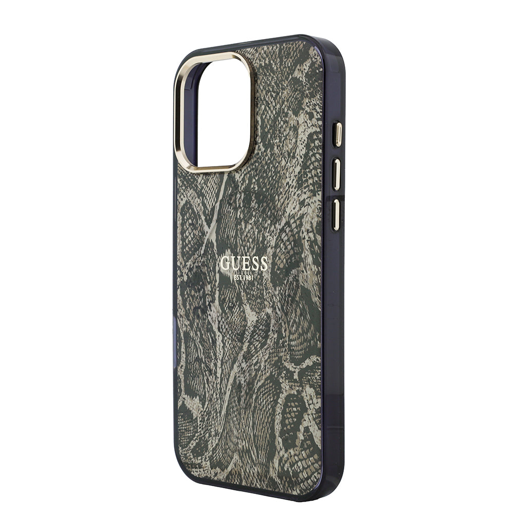 Apple iPhone 16 Pro Max Kılıf Guess M-safe Şarj Özellikli Yazı Logolu Python Yılan Desenli Kapak Kahverengi