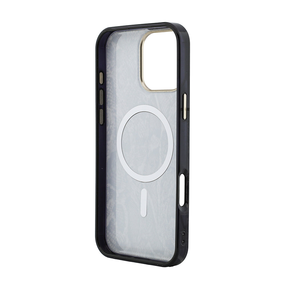 Apple iPhone 16 Pro Max Kılıf Guess M-safe Şarj Özellikli Yazı Logolu Python Yılan Desenli Kapak Kahverengi