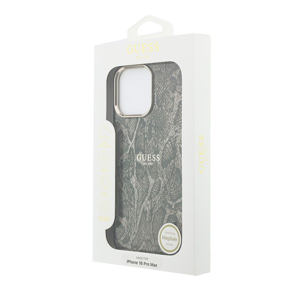 Apple iPhone 16 Pro Max Kılıf Guess M-safe Şarj Özellikli Yazı Logolu Python Yılan Desenli Kapak Kahverengi