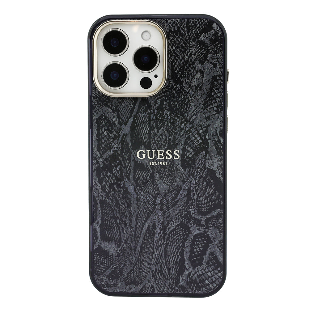 Apple iPhone 16 Pro Max Kılıf Guess M-safe Şarj Özellikli Yazı Logolu Python Yılan Desenli Kapak Siyah