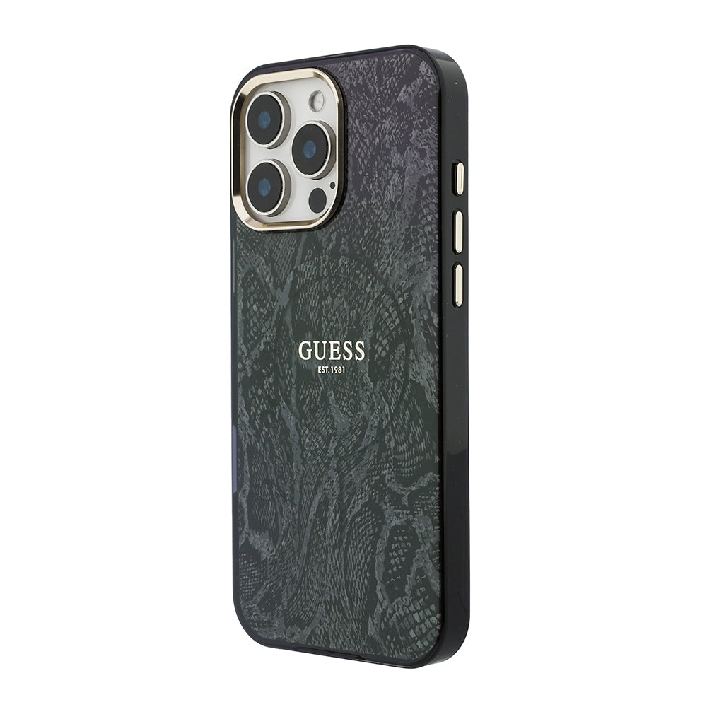 Apple iPhone 16 Pro Max Kılıf Guess M-safe Şarj Özellikli Yazı Logolu Python Yılan Desenli Kapak Siyah