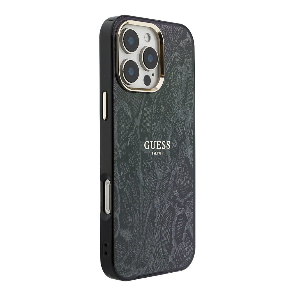 Apple iPhone 16 Pro Max Kılıf Guess M-safe Şarj Özellikli Yazı Logolu Python Yılan Desenli Kapak Siyah