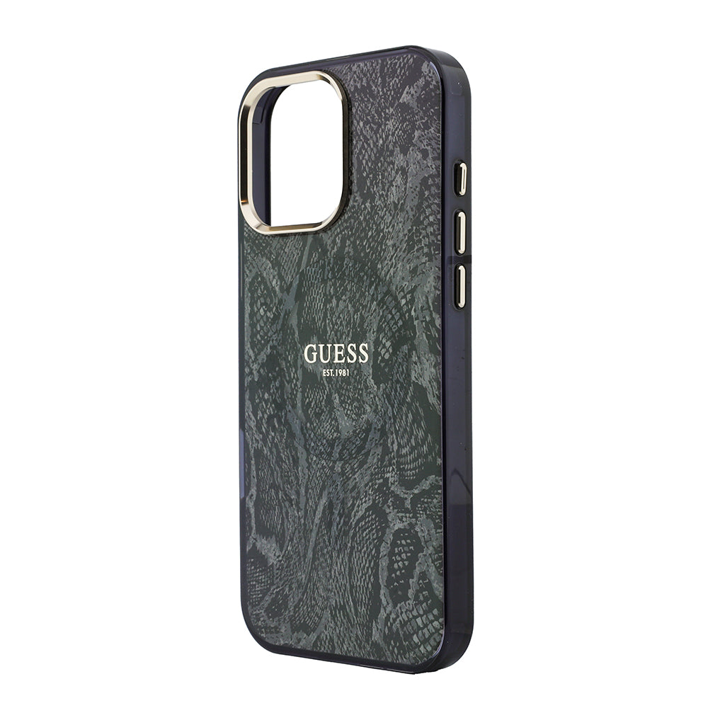 Apple iPhone 16 Pro Max Kılıf Guess M-safe Şarj Özellikli Yazı Logolu Python Yılan Desenli Kapak Siyah