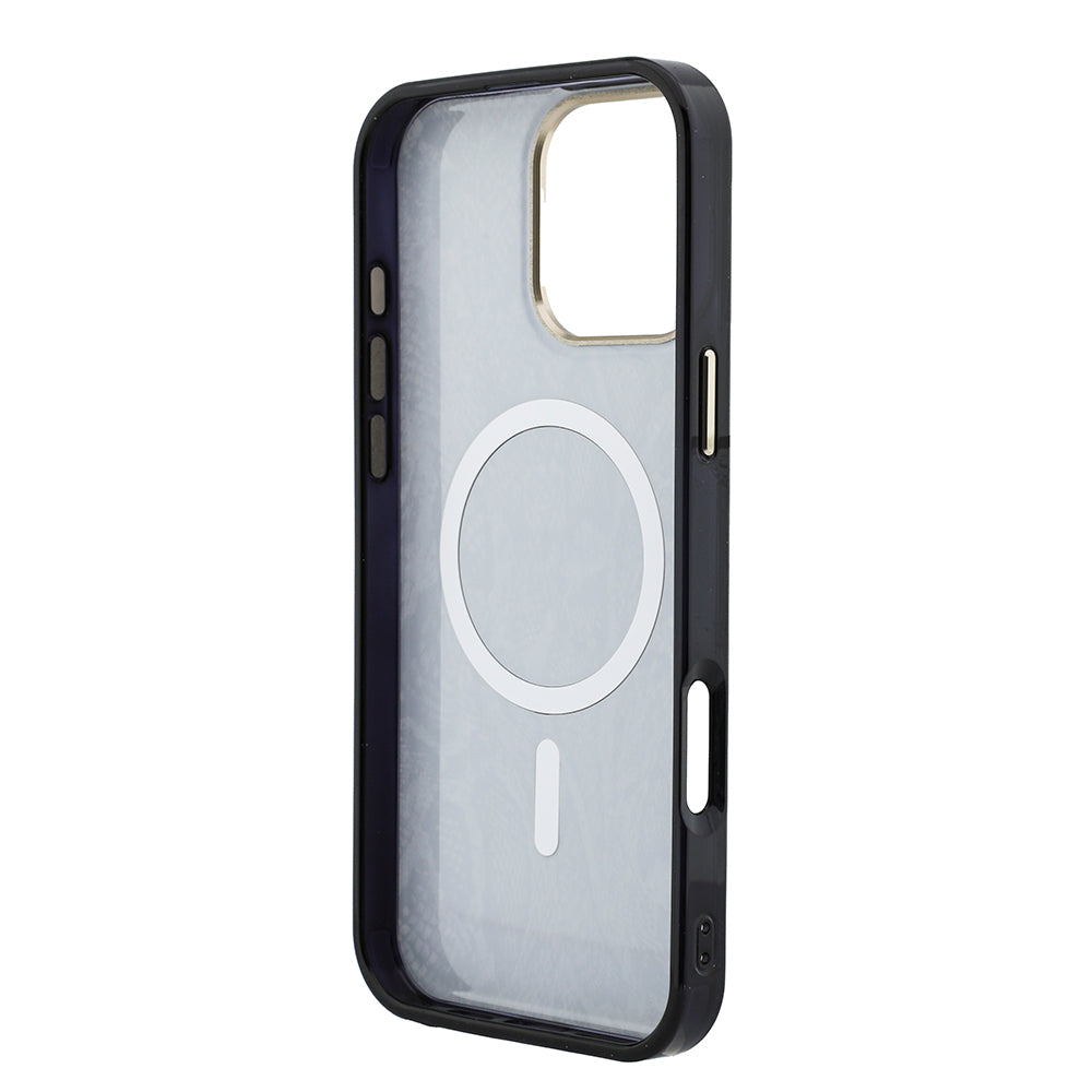 Apple iPhone 16 Pro Max Kılıf Guess M-safe Şarj Özellikli Yazı Logolu Python Yılan Desenli Kapak Siyah