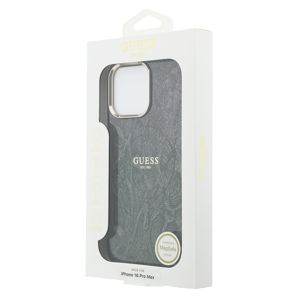 Apple iPhone 16 Pro Max Kılıf Guess M-safe Şarj Özellikli Yazı Logolu Python Yılan Desenli Kapak Siyah