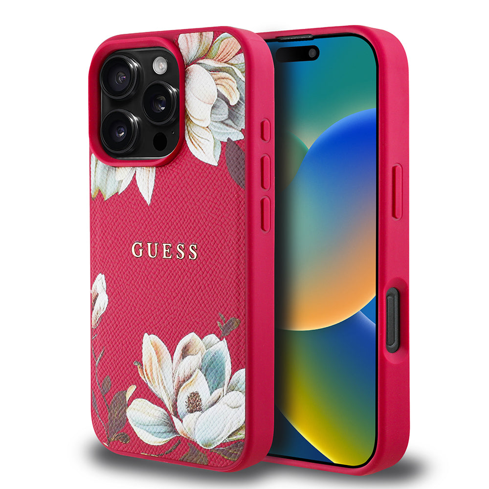 Apple iPhone 16 Pro Max Kılıf Guess Magsafe Şarj Özellikli Çiçek Tasarımlı Metal Yazı Logolu Kapak Fuşya