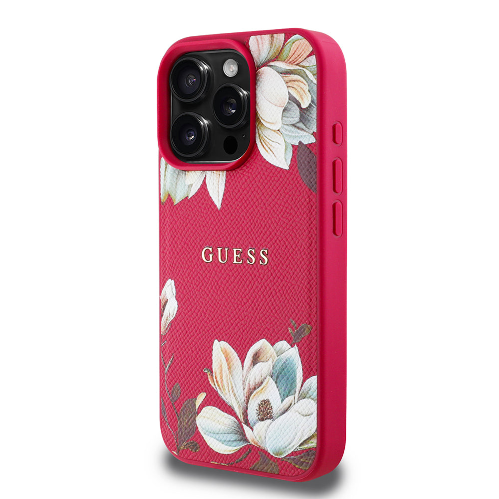 Apple iPhone 16 Pro Max Kılıf Guess Magsafe Şarj Özellikli Çiçek Tasarımlı Metal Yazı Logolu Kapak Fuşya