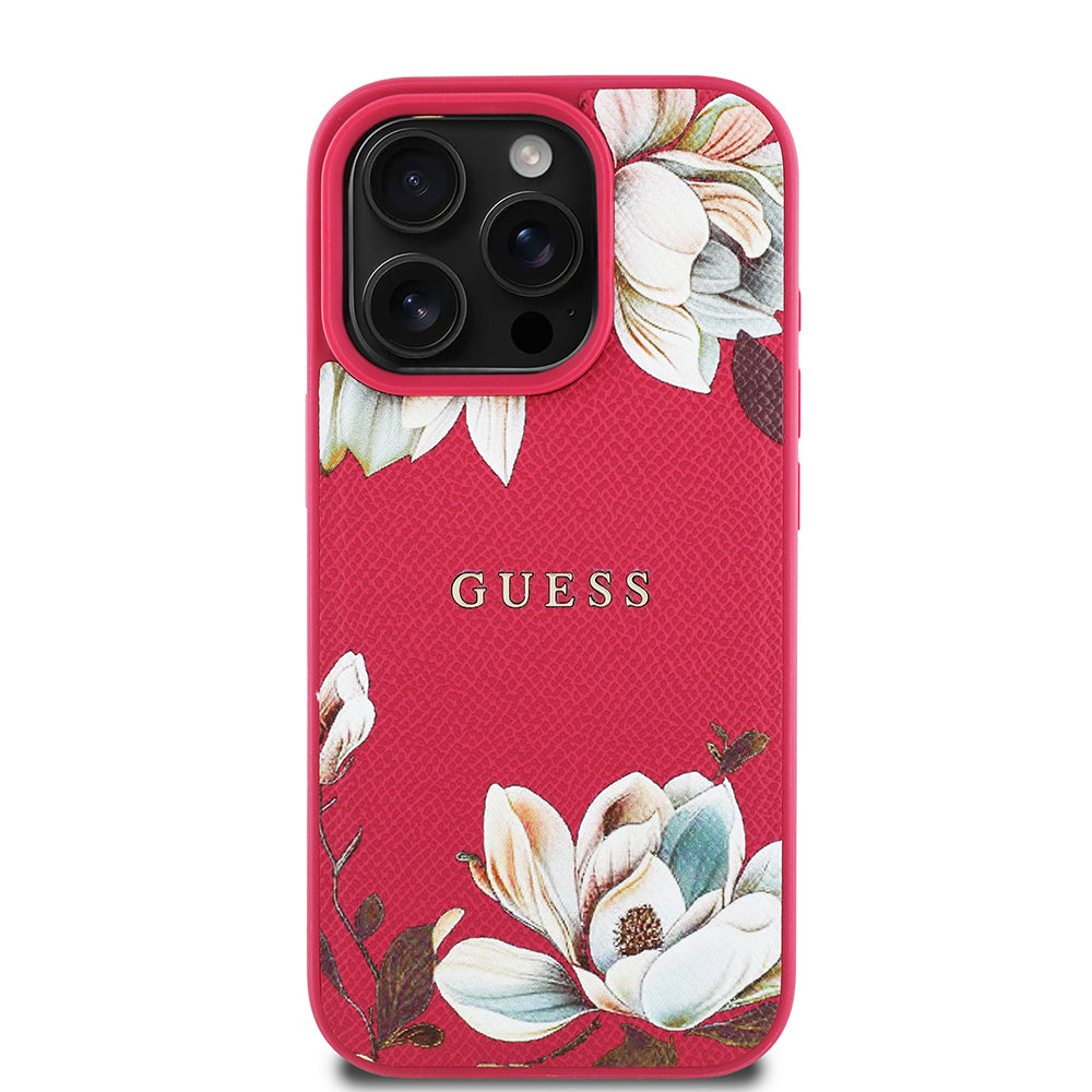 Apple iPhone 16 Pro Max Kılıf Guess Magsafe Şarj Özellikli Çiçek Tasarımlı Metal Yazı Logolu Kapak Fuşya