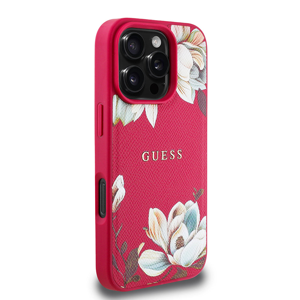 Apple iPhone 16 Pro Max Kılıf Guess Magsafe Şarj Özellikli Çiçek Tasarımlı Metal Yazı Logolu Kapak Fuşya