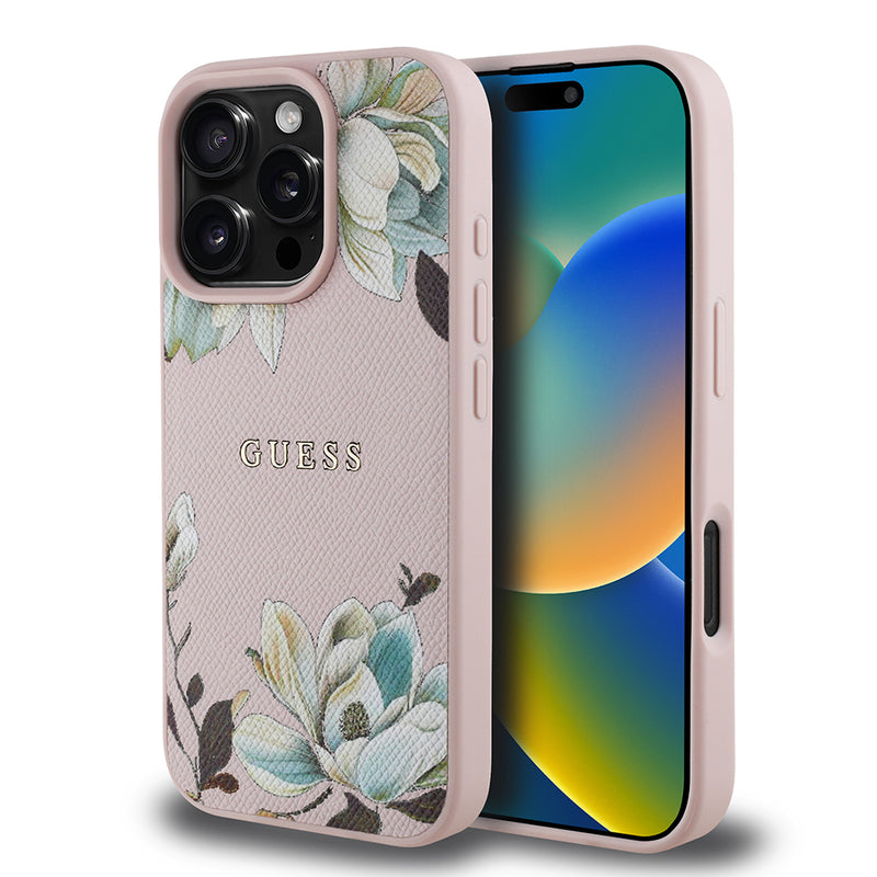 Apple iPhone 16 Pro Max Kılıf Guess Magsafe Şarj Özellikli Çiçek Tasarımlı Metal Yazı Logolu Kapak Pembe