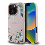 Apple iPhone 16 Pro Max Kılıf Guess Magsafe Şarj Özellikli Çiçek Tasarımlı Metal Yazı Logolu Kapak Pembe