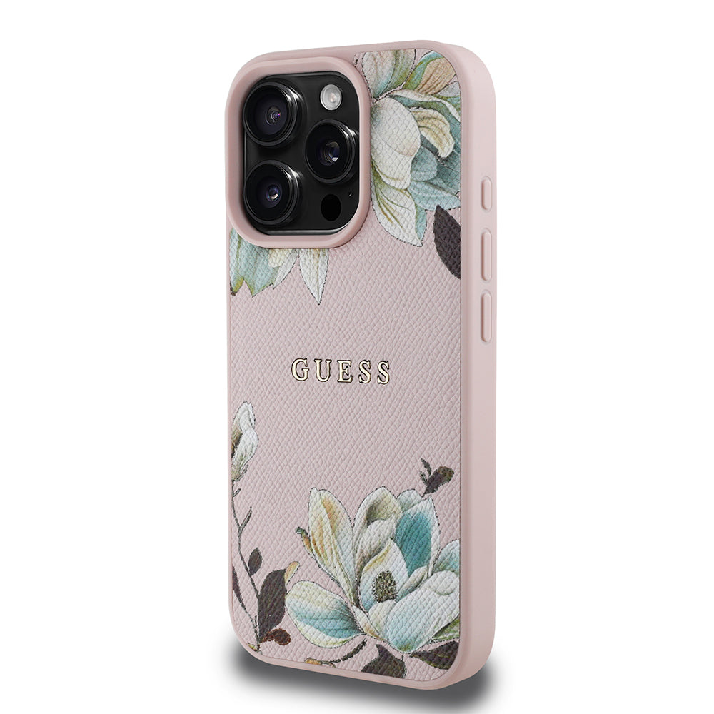 Apple iPhone 16 Pro Kılıf Guess Magsafe Şarj Özellikli Çiçek Tasarımlı Metal Yazı Logolu Kapak Pembe