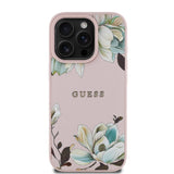 Apple iPhone 16 Pro Max Kılıf Guess Magsafe Şarj Özellikli Çiçek Tasarımlı Metal Yazı Logolu Kapak Pembe