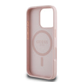 Apple iPhone 16 Pro Max Kılıf Guess Magsafe Şarj Özellikli Çiçek Tasarımlı Metal Yazı Logolu Kapak Pembe
