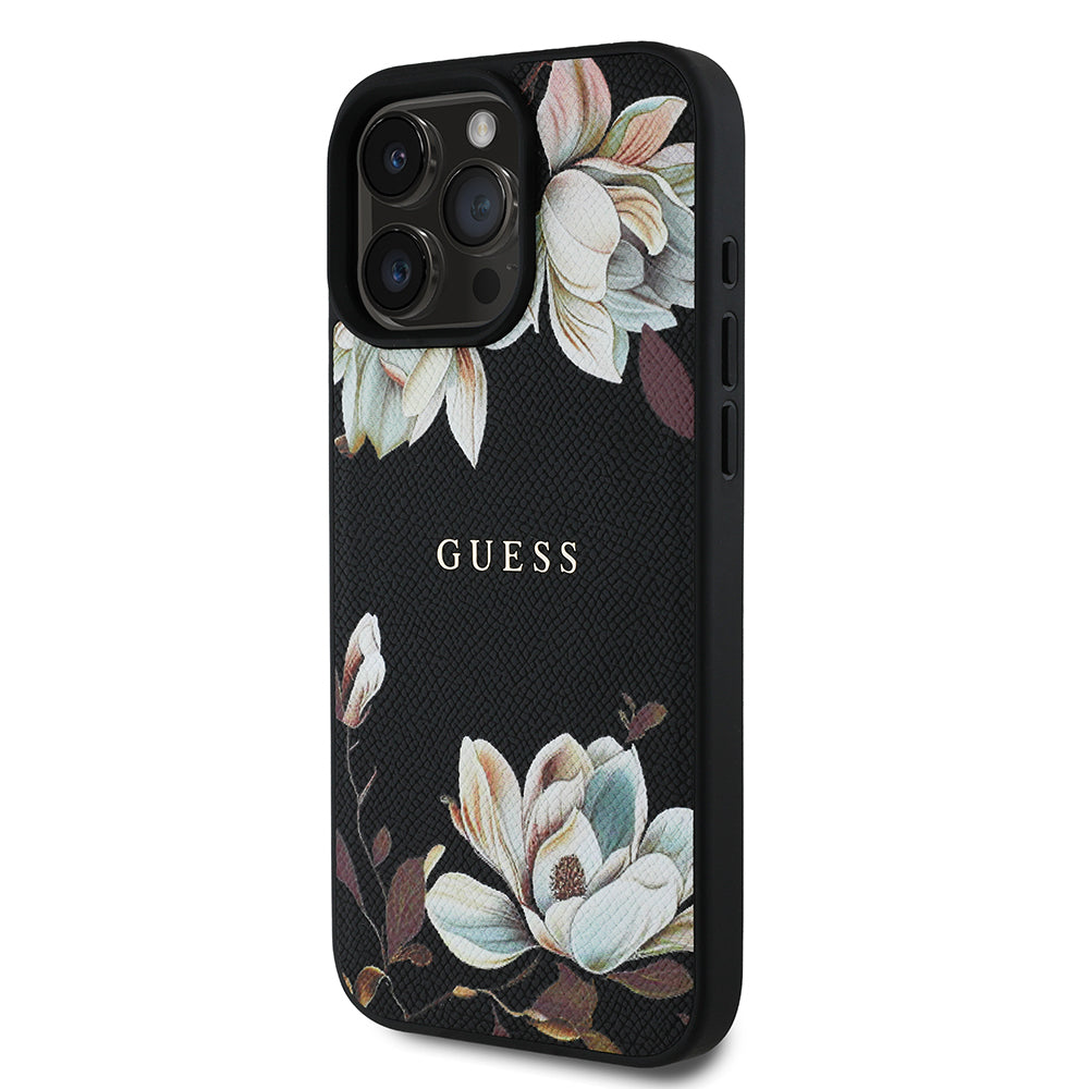Apple iPhone 16 Pro Kılıf Guess Magsafe Şarj Özellikli Çiçek Tasarımlı Metal Yazı Logolu Kapak Siyah