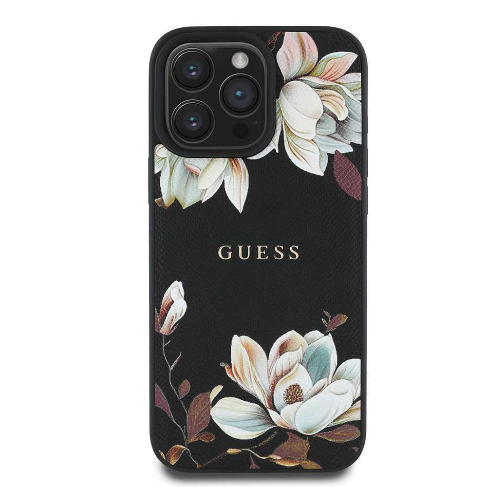 Apple iPhone 16 Pro Kılıf Guess Magsafe Şarj Özellikli Çiçek Tasarımlı Metal Yazı Logolu Kapak Siyah