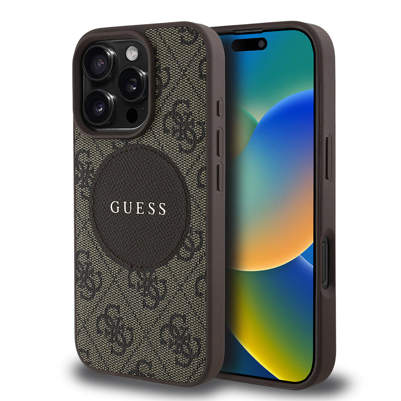Apple iPhone 16 Pro Kılıf Guess Magsafe Şarj Özellikli Circle Classic Kapak Kahverengi