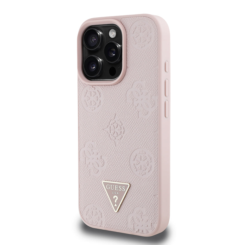 Apple iPhone 16 Pro Max Kılıf Guess Magsafe Şarj Özellikli Üçgen Logolu PU Deri Peony Kapak Pembe